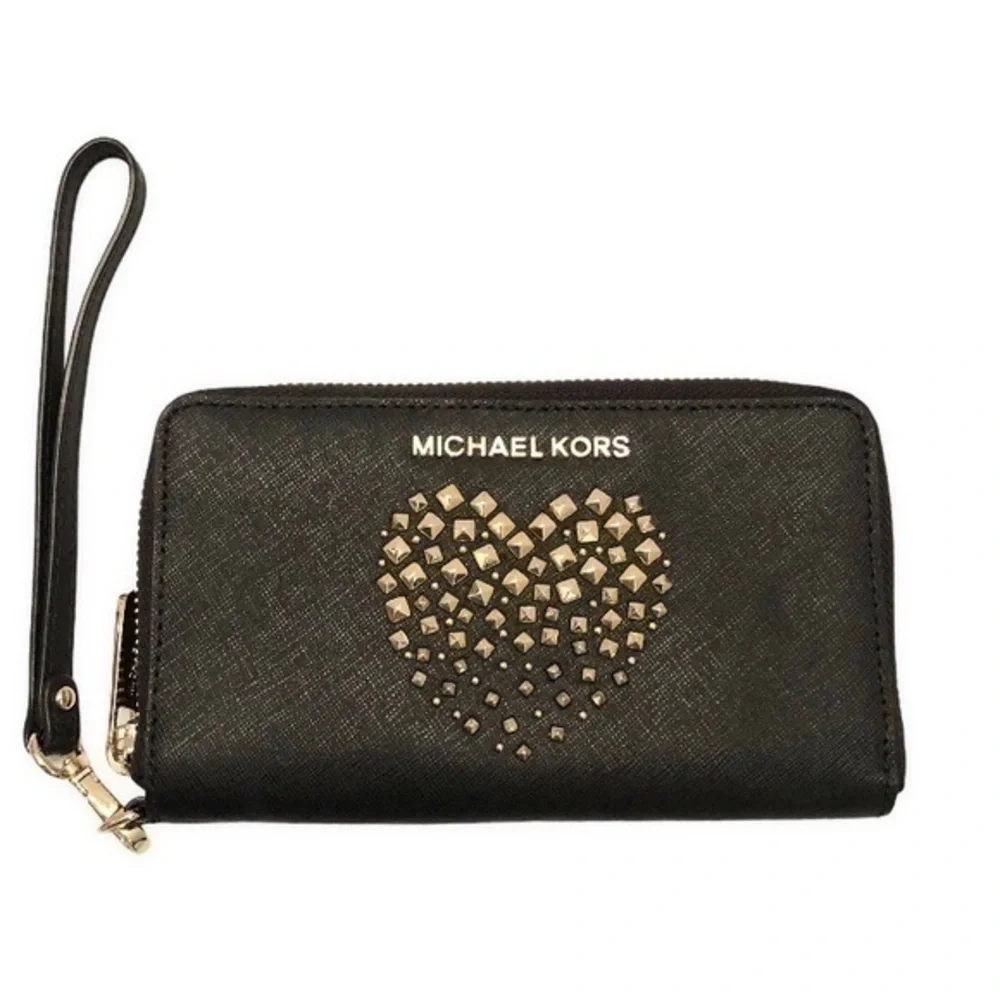 Michael kors black studded heart wristlet clutch